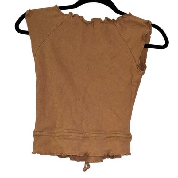 Guess Jeans Tan Lettuce Trim Sleeveless Blouse Women’s XS Draw String Waist Y2K - Picture 2 of 12